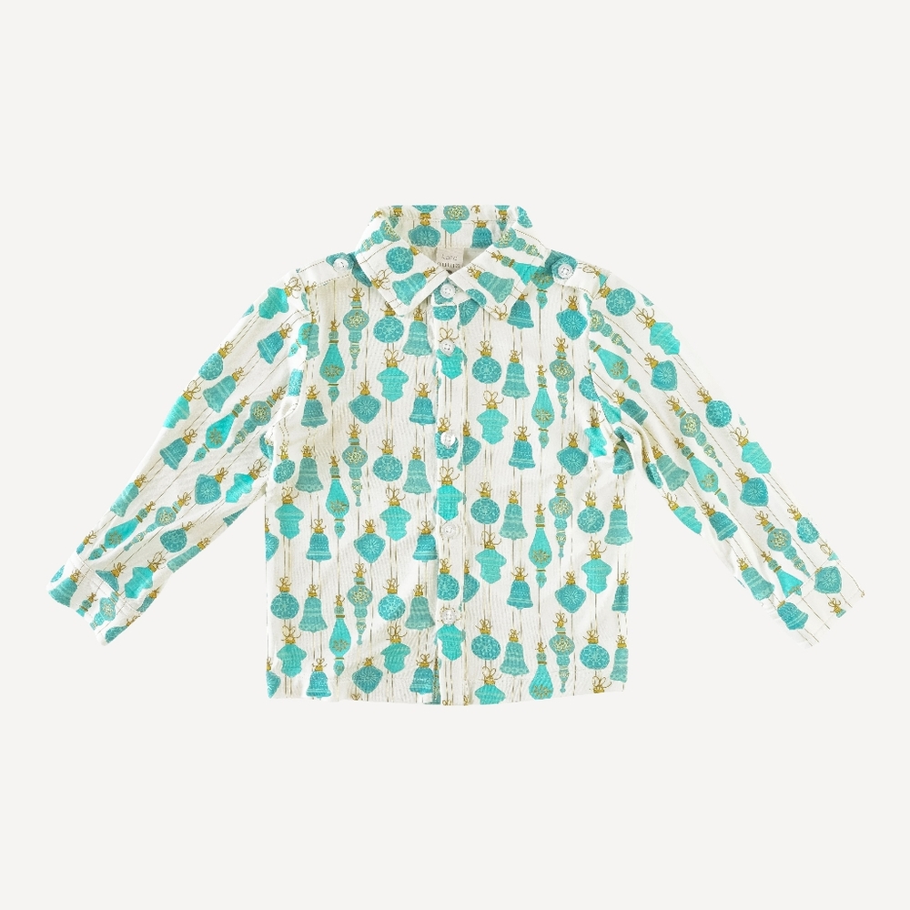NWT 3T Kate Quinn Long Sleeve Shoulder Tab Shirt Aqua Vintage Ornaments Holiday